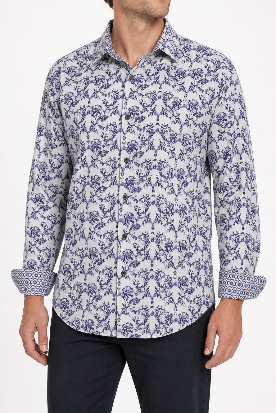 Robert Graham Mens XL Purple Paisley Floral Contrasting Cuffs Cotton Shirt Party